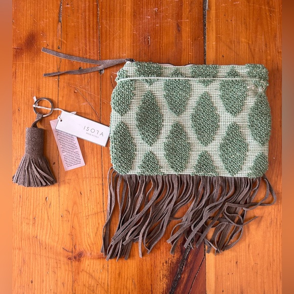Isola handmade in Italy clutch purse sage green chenille with leather fringe - Picture 1 of 9